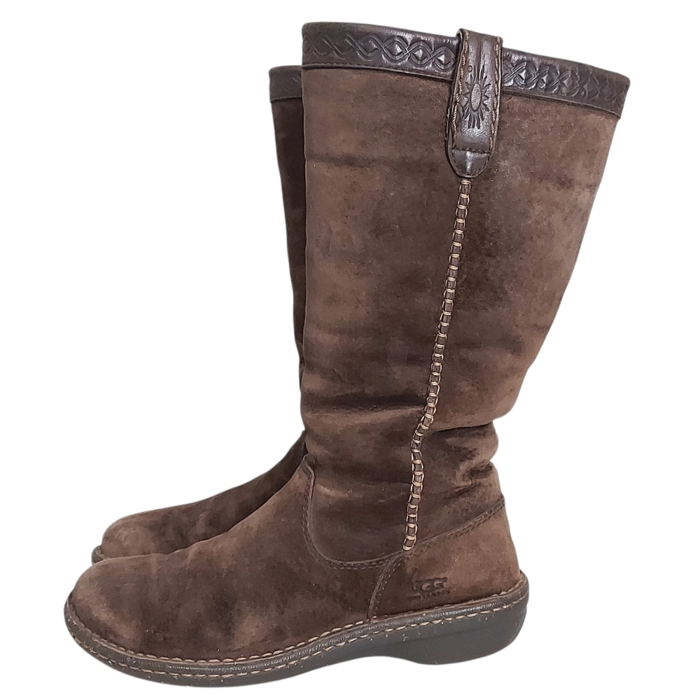 UGG Brown Leather Sheepskin Boots Women Size 7 Slouchy Pullon Cozy Winter Shoes - Picture 3 of 15